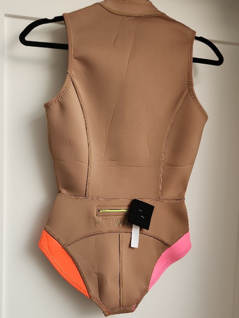 Cynthia Rowley Taupe One-Piece with Neon Yellow Zip Pull - Picture 3 of 4